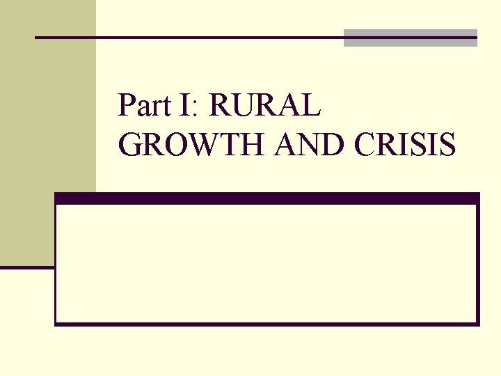 Part I: RURAL GROWTH AND CRISIS 
