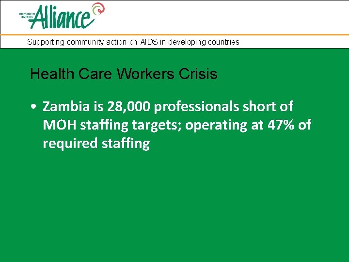 Supporting community action on AIDS in developing countries Health Care Workers Crisis • Zambia