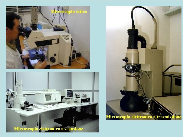 Microscopio ottico Microscopio elettronico a trasmissione Microscopio elettronico a scansione 