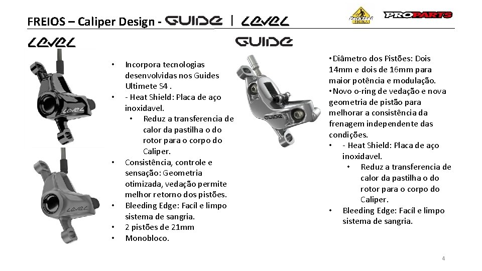 FREIOS – Caliper Design • • • Incorpora tecnologias desenvolvidas nos Guides Ultimete S