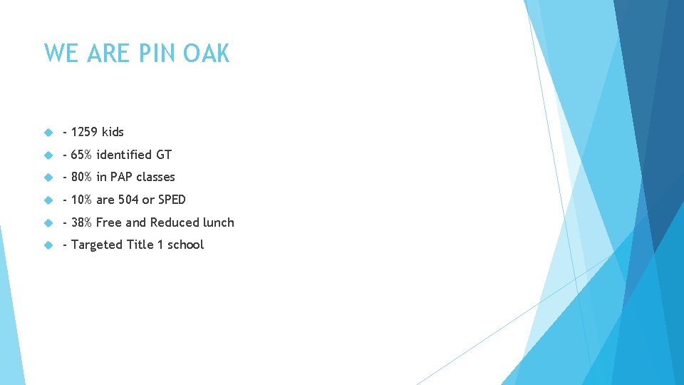WE ARE PIN OAK - 1259 kids - 65% identified GT - 80% in WE ARE PIN OAK - 1259 kids - 65% identified GT - 80% in