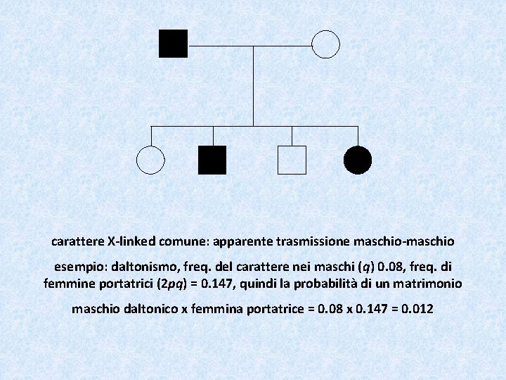 carattere X-linked comune: apparente trasmissione maschio-maschio esempio: daltonismo, freq. del carattere nei maschi (q)