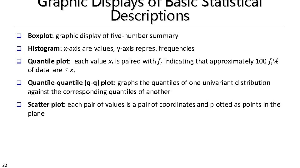 Graphic Displays of Basic Statistical Descriptions 22 q Boxplot: graphic display of five-number summary