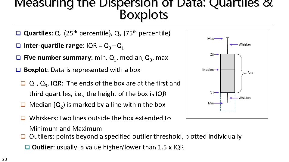 Measuring the Dispersion of Data: Quartiles & Boxplots q Quartiles: Q 1 (25 th