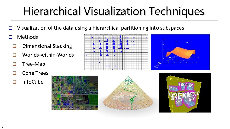 Hierarchical Visualization Techniques 45 q Visualization of the data using a hierarchical partitioning into