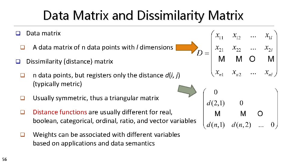 Data Matrix and Dissimilarity Matrix q q q 56 Data matrix A data matrix