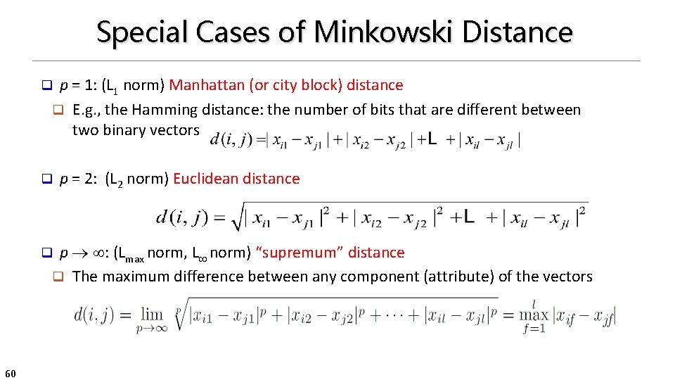 Special Cases of Minkowski Distance p = 1: (L 1 norm) Manhattan (or city