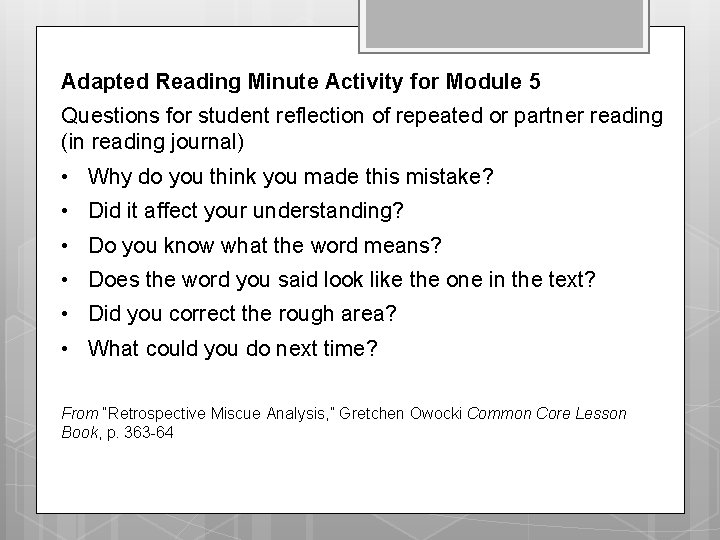 Adapted Reading Minute Activity for Module 5 Questions for student reflection of repeated or Adapted Reading Minute Activity for Module 5 Questions for student reflection of repeated or