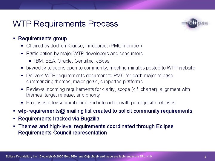 WTP Requirements Process § Requirements group § Chaired by Jochen Krause, Innoopract (PMC member)