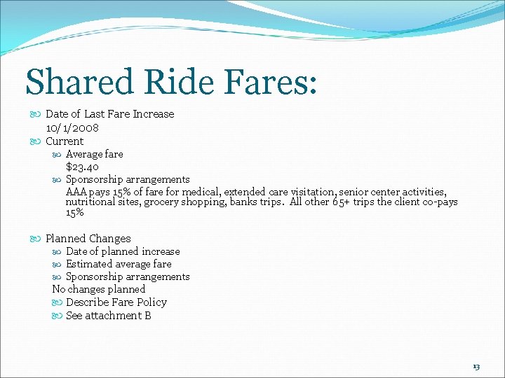 Shared Ride Fares: Date of Last Fare Increase 10/1/2008 Current Average fare $23. 40