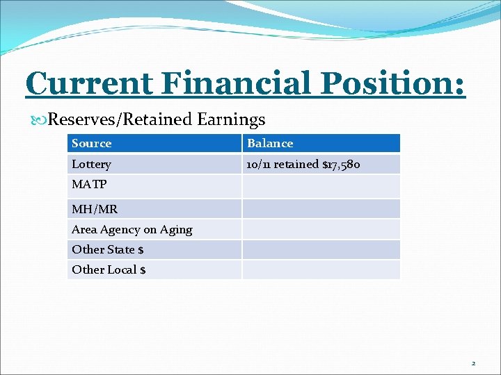 Current Financial Position: Reserves/Retained Earnings Source Balance Lottery 10/11 retained $17, 580 MATP MH/MR
