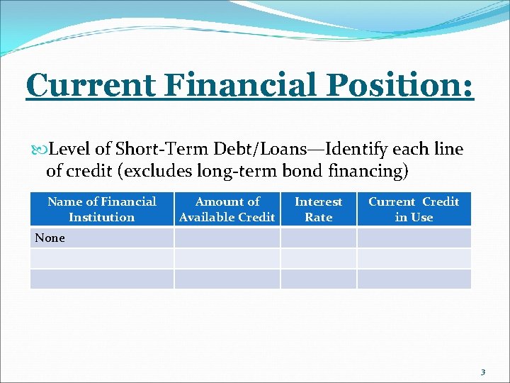 Current Financial Position: Level of Short-Term Debt/Loans—Identify each line of credit (excludes long-term bond