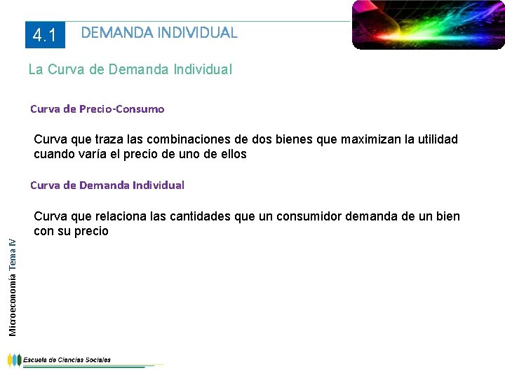 4. 1 DEMANDA INDIVIDUAL La Curva de Demanda Individual Curva de Precio-Consumo Curva que