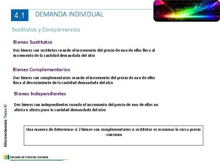 4. 1 DEMANDA INDIVIDUAL Sustitutos y Complementos Bienes Sustitutos Dos bienes son sustitutos cuando