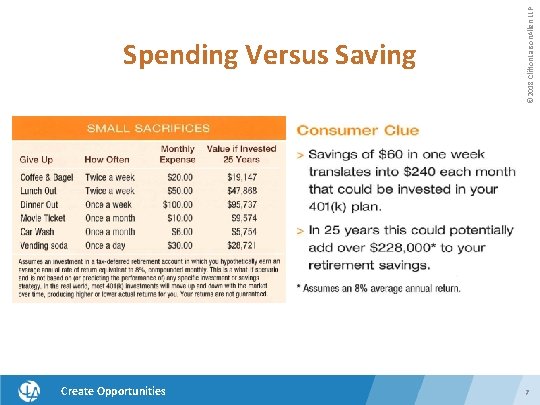 Create Opportunities © 2018 Clifton. Larson. Allen LLP Spending Versus Saving 7 