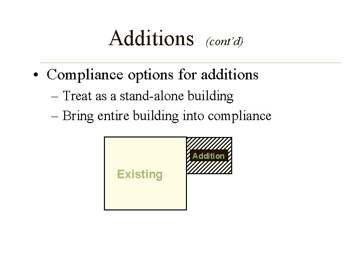 Additions (cont’d) • Compliance options for additions – Treat as a stand-alone building –