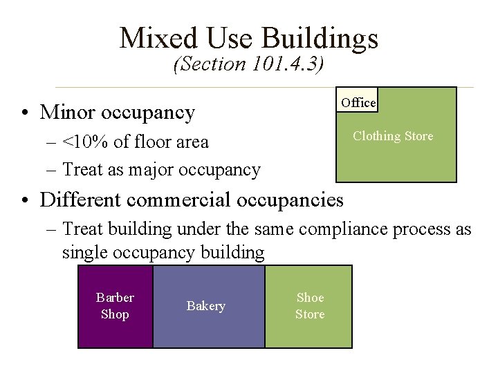 Mixed Use Buildings (Section 101. 4. 3) Office • Minor occupancy Clothing Store –
