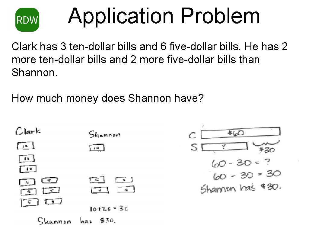 Application Problem Clark has 3 ten-dollar bills and 6 five-dollar bills. He has 2
