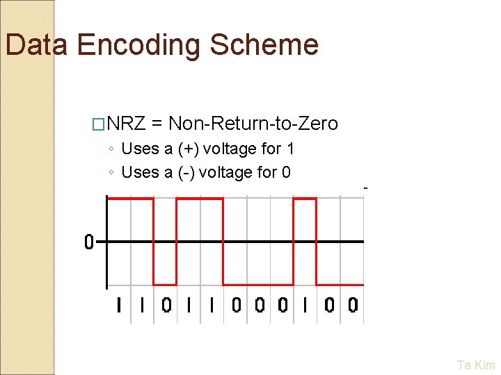 Data Encoding Scheme �NRZ = Non-Return-to-Zero ◦ Uses a (+) voltage for 1 ◦