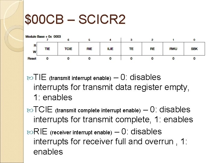 $00 CB – SCICR 2 TIE – 0: disables interrupts for transmit data register