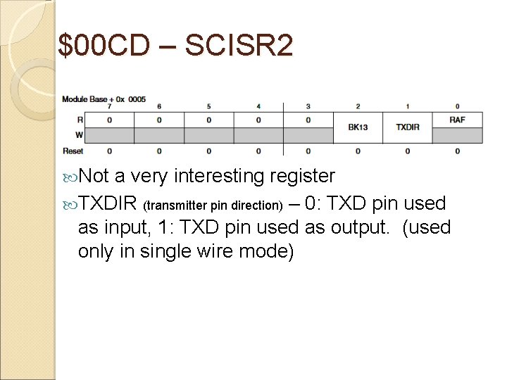 $00 CD – SCISR 2 Not a very interesting register TXDIR (transmitter pin direction)