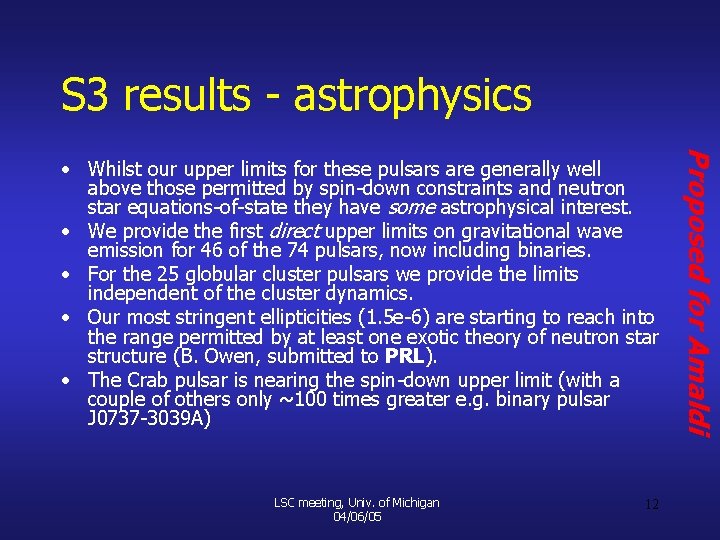 S 3 results - astrophysics LSC meeting, Univ. of Michigan 04/06/05 12 Proposed for