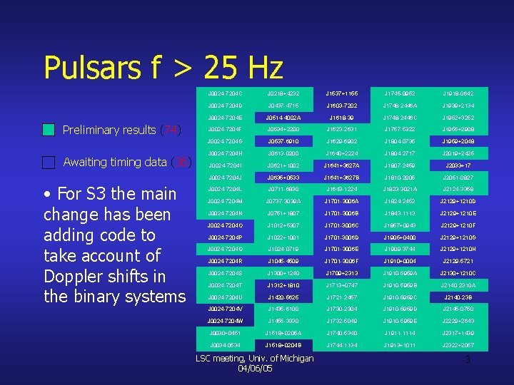 Pulsars f > 25 Hz Preliminary results (74) Awaiting timing data (36) • For