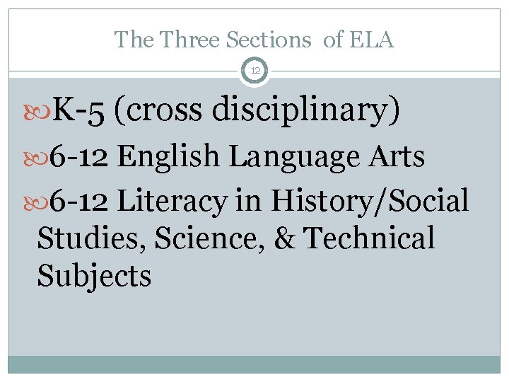 The Three Sections of ELA 12 K-5 (cross disciplinary) 6 -12 English Language Arts