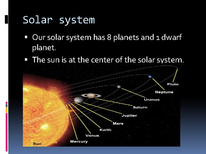 Solar system Our solar system has 8 planets and 1 dwarf planet. The sun