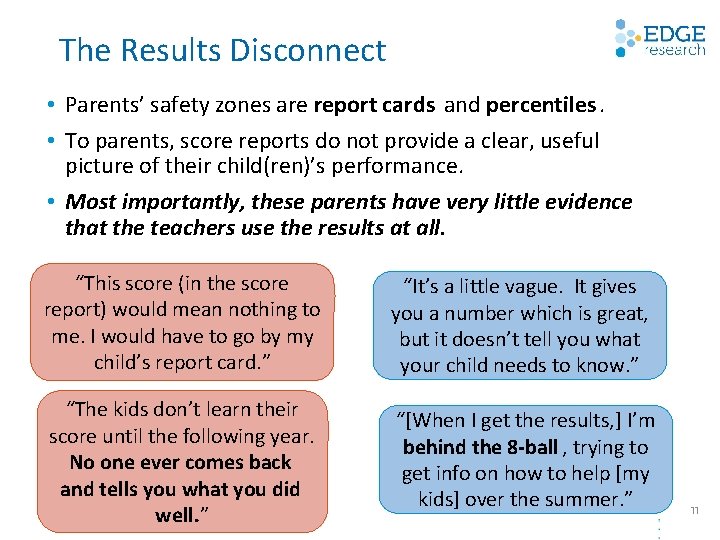The Results Disconnect • Parents’ safety zones are report cards and percentiles. • To The Results Disconnect • Parents’ safety zones are report cards and percentiles. • To
