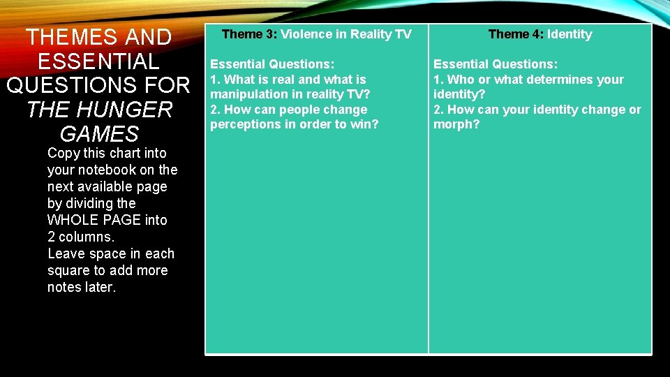 THEMES AND ESSENTIAL QUESTIONS FOR THE HUNGER GAMES Copy this chart into your notebook