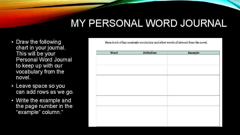 MY PERSONAL WORD JOURNAL • Draw the following chart in your journal. This will