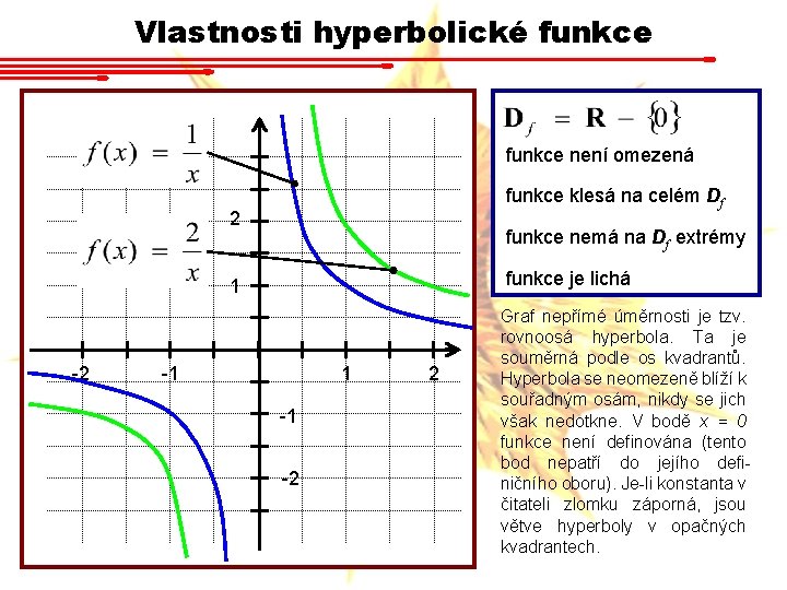 Vlastnosti hyperbolické funkce není omezená funkce klesá na celém Df 2 funkce nemá na