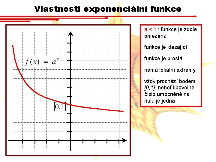 Vlastnosti exponenciální funkce a < 1 : funkce je zdola omezená funkce je klesající