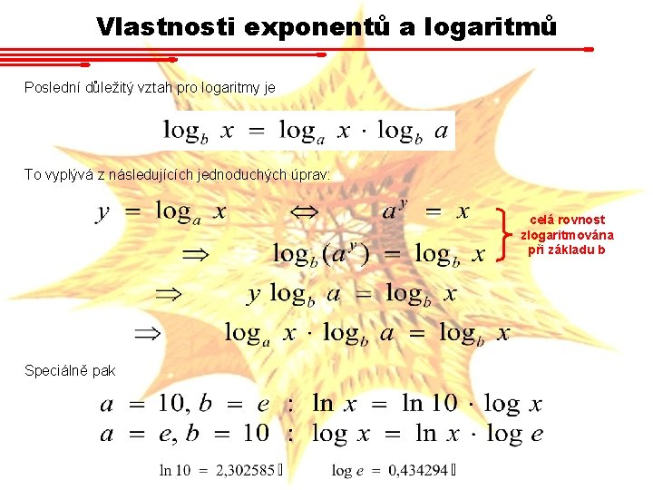 Vlastnosti exponentů a logaritmů Poslední důležitý vztah pro logaritmy je To vyplývá z následujících