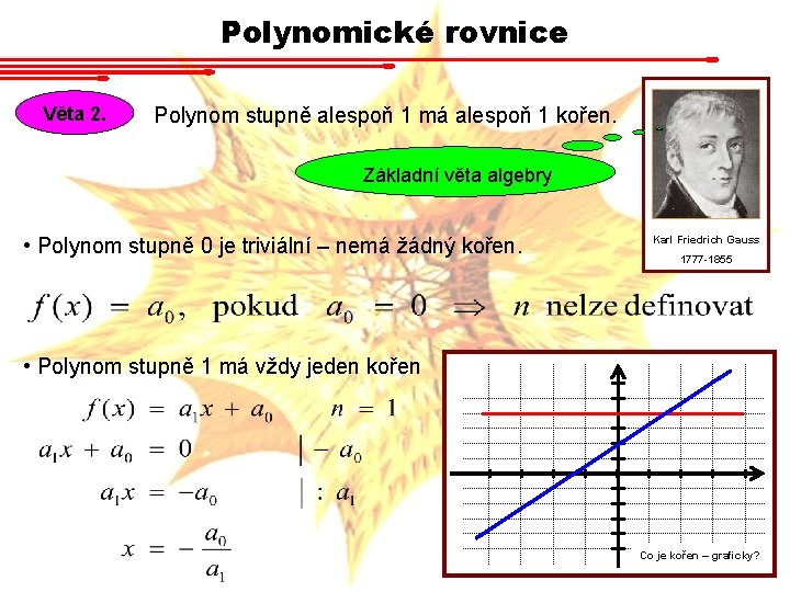 Polynomické rovnice Věta 2. Polynom stupně alespoň 1 má alespoň 1 kořen. Základní věta