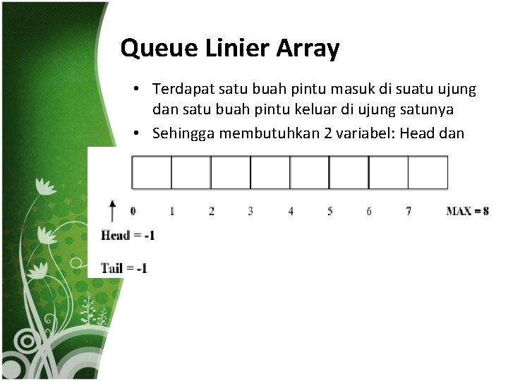 Queue Linier Array • Terdapat satu buah pintu masuk di suatu ujung dan satu