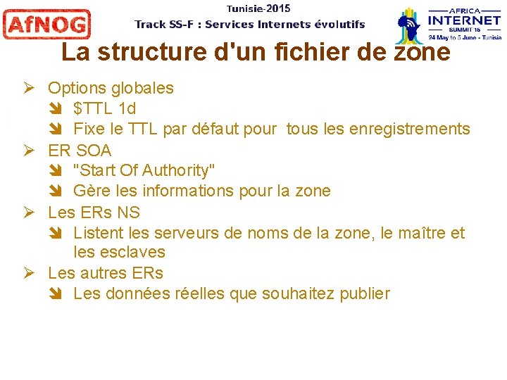 La structure d'un fichier de zone Options globales $TTL 1 d Fixe le TTL