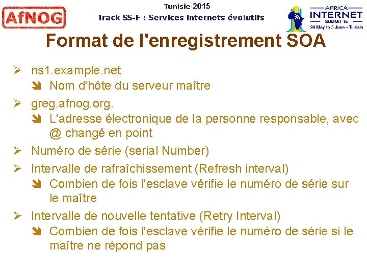 Format de l'enregistrement SOA ns 1. example. net Nom d'hôte du serveur maître greg.