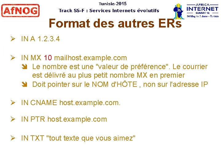 Format des autres ERs IN A 1. 2. 3. 4 IN MX 10 mailhost.