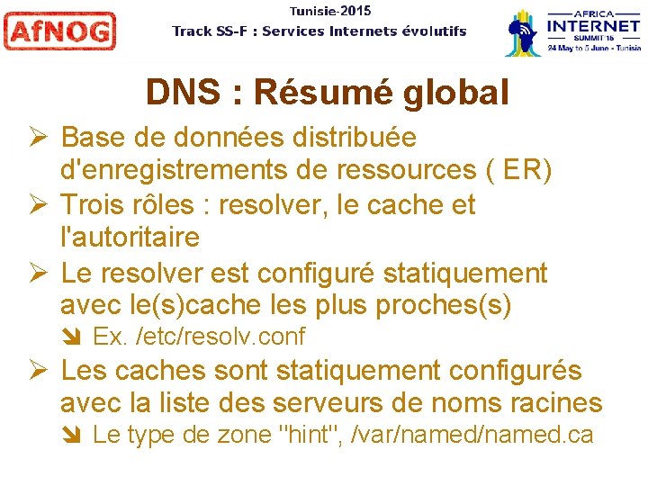 DNS : Résumé global Base de données distribuée d'enregistrements de ressources ( ER) Trois