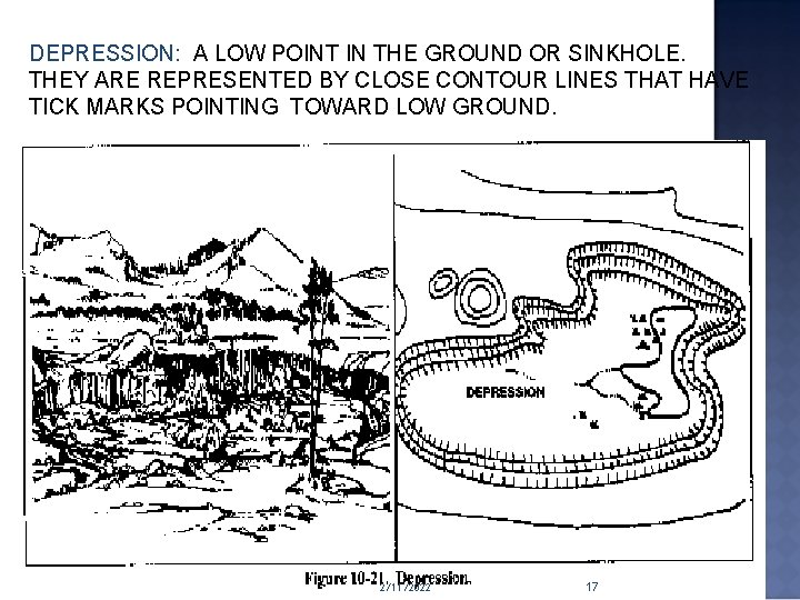 DEPRESSION: A LOW POINT IN THE GROUND OR SINKHOLE. THEY ARE REPRESENTED BY CLOSE