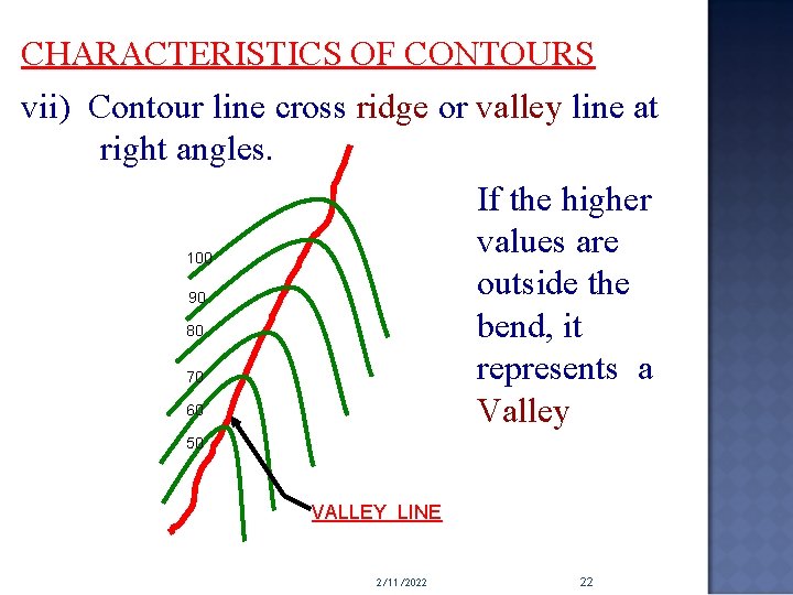 CHARACTERISTICS OF CONTOURS vii) Contour line cross ridge or valley line at right angles.