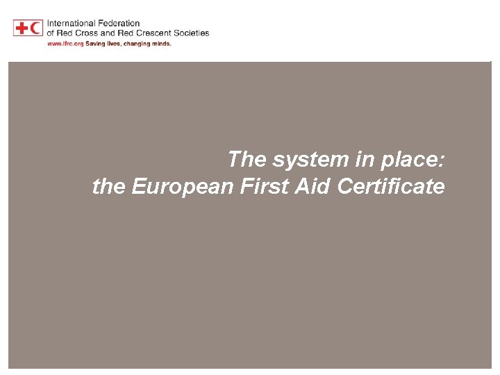 Harmonisation of First Aid Education The system in place: the European First Aid Certificate