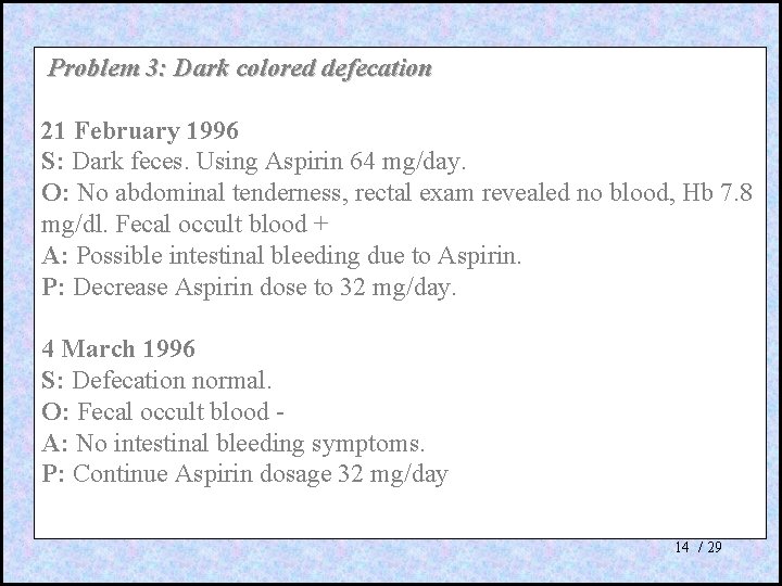 Problem 3: Dark colored defecation 21 February 1996 S: Dark feces. Using Aspirin 64