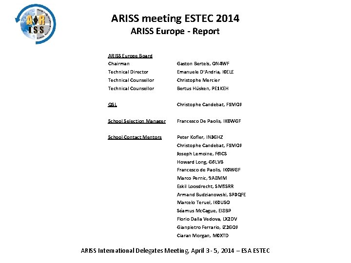 ARISS meeting ESTEC 2014 ARISS Europe - Report ARISS Europe Board Chairman Gaston Bertels,