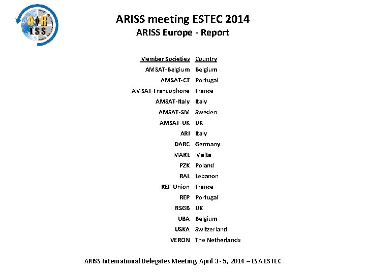 ARISS meeting ESTEC 2014 ARISS Europe - Report Member Societies Country AMSAT-Belgium AMSAT-CT Portugal