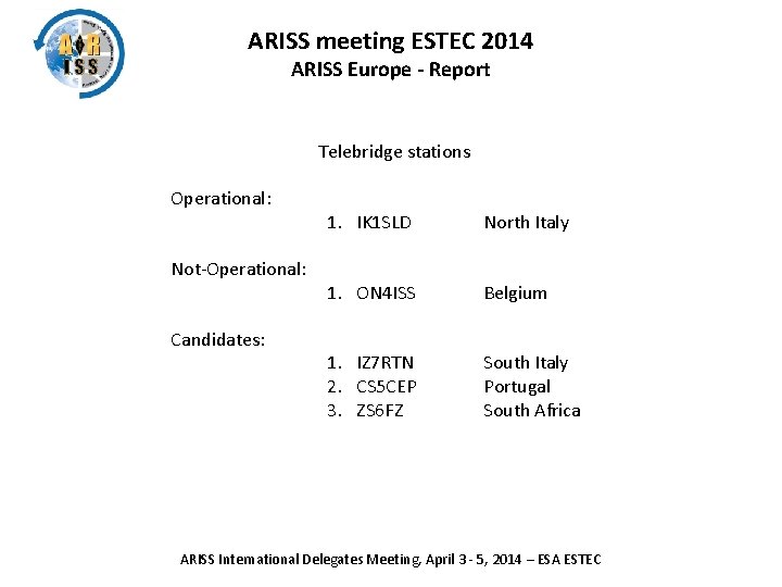 ARISS meeting ESTEC 2014 ARISS Europe - Report Telebridge stations Operational: Not-Operational: Candidates: 1.