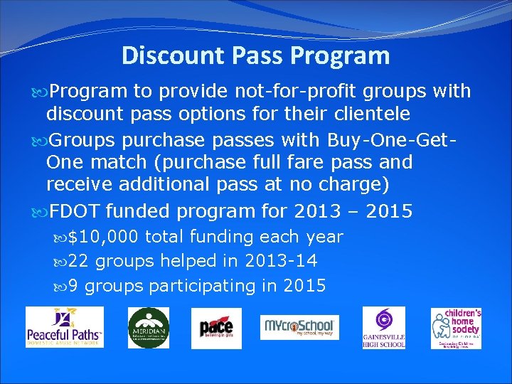 Discount Pass Program to provide not-for-profit groups with discount pass options for their clientele