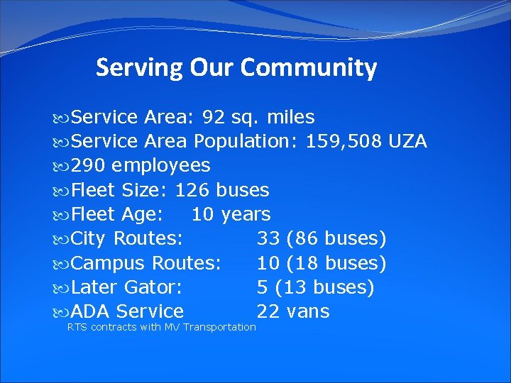 Serving Our Community Service Area: 92 sq. miles Service Area Population: 159, 508 UZA